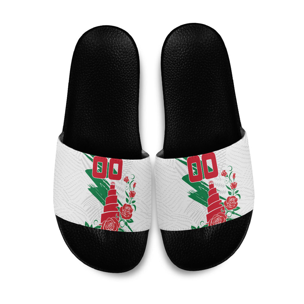 Personalized Iraq Football Slide Sandals Hawk Mascot Soccer - Samarra Tower And Red Roses