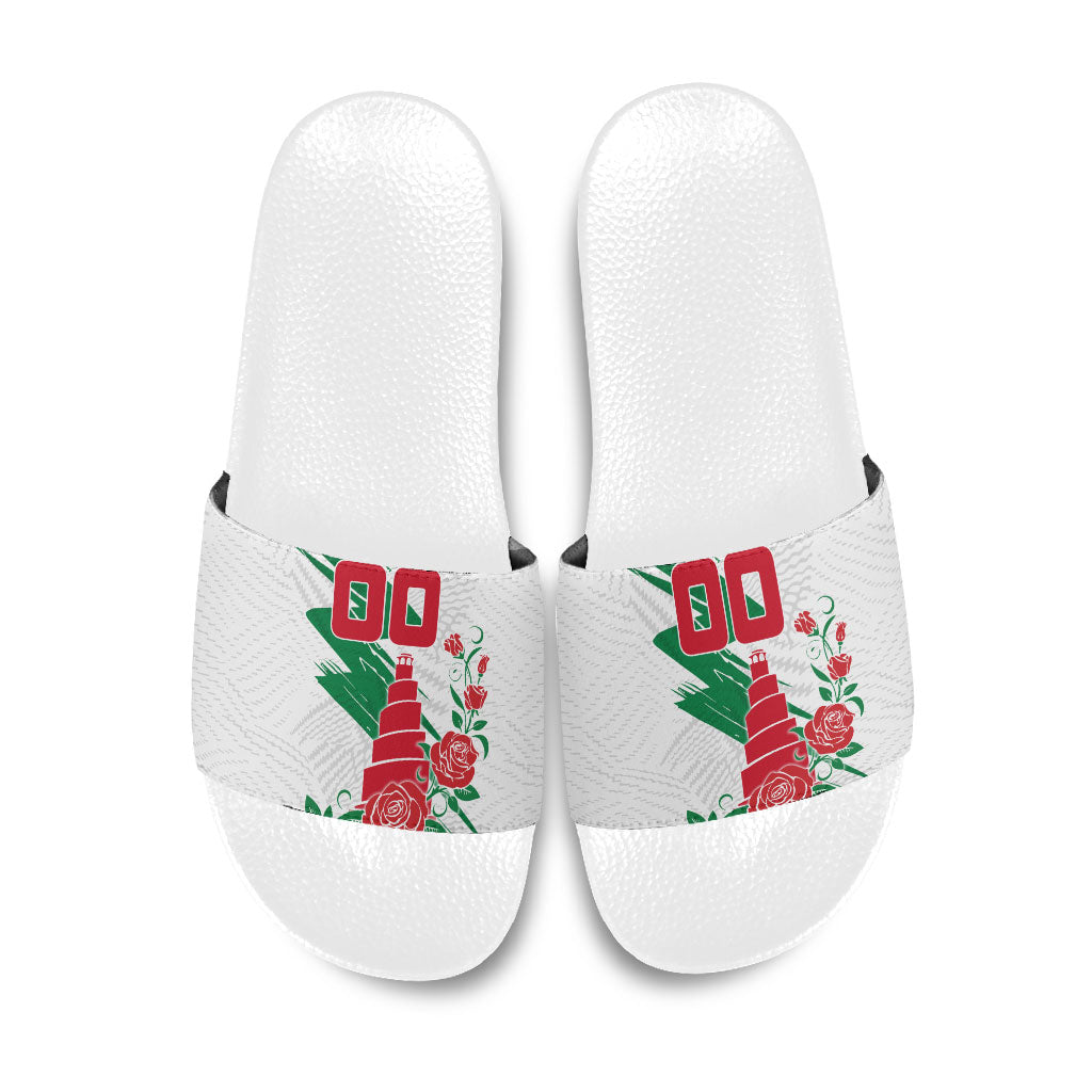 Personalized Iraq Football Slide Sandals Hawk Mascot Soccer - Samarra Tower And Red Roses