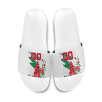 Personalized Iraq Football Slide Sandals Hawk Mascot Soccer - Samarra Tower And Red Roses