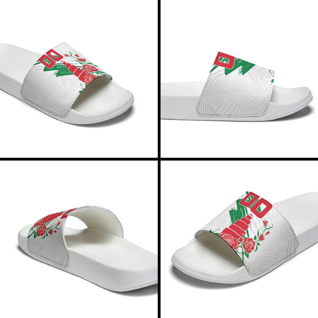 Personalized Iraq Football Slide Sandals Hawk Mascot Soccer - Samarra Tower And Red Roses