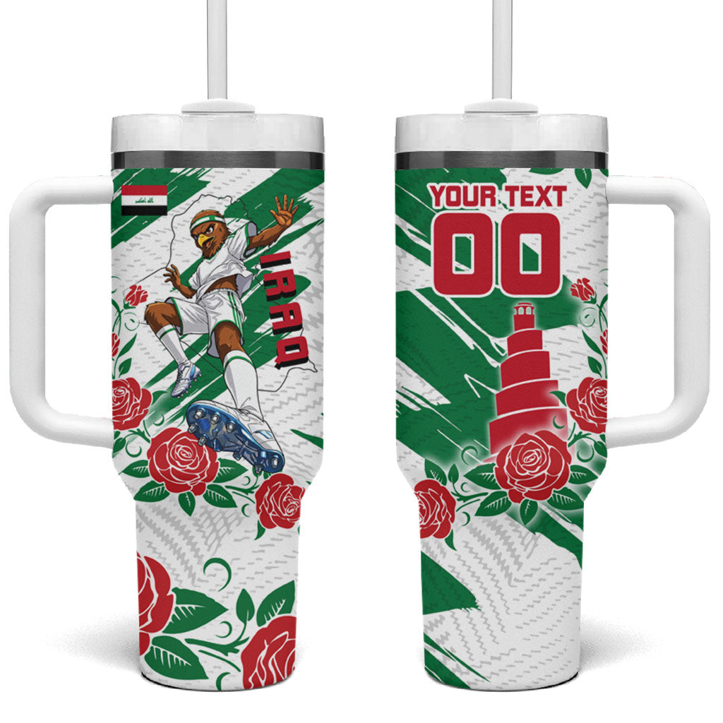 Personalized Iraq Football Tumbler With Handle Hawk Mascot Soccer - Samarra Tower And Red Roses