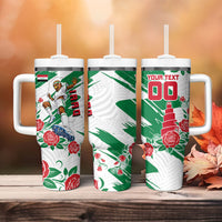 Personalized Iraq Football Tumbler With Handle Hawk Mascot Soccer - Samarra Tower And Red Roses