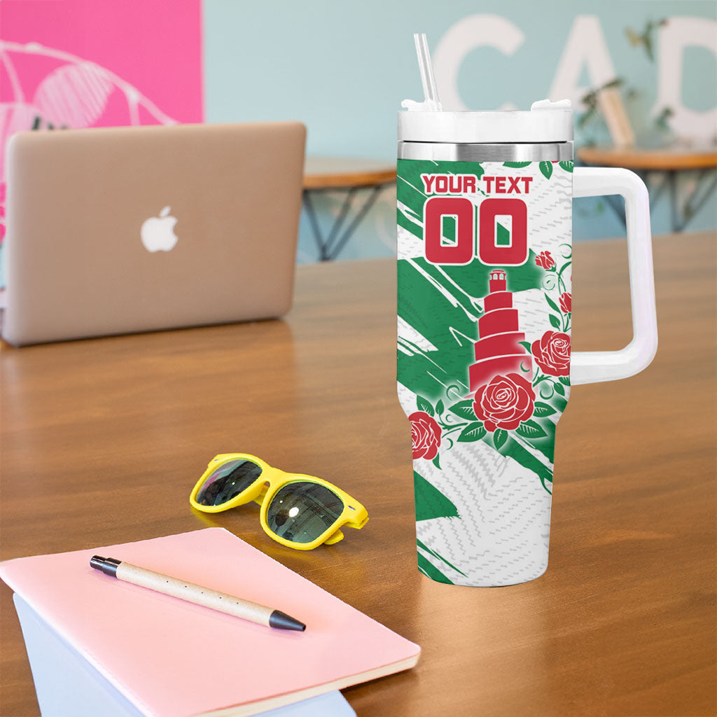 Personalized Iraq Football Tumbler With Handle Hawk Mascot Soccer - Samarra Tower And Red Roses