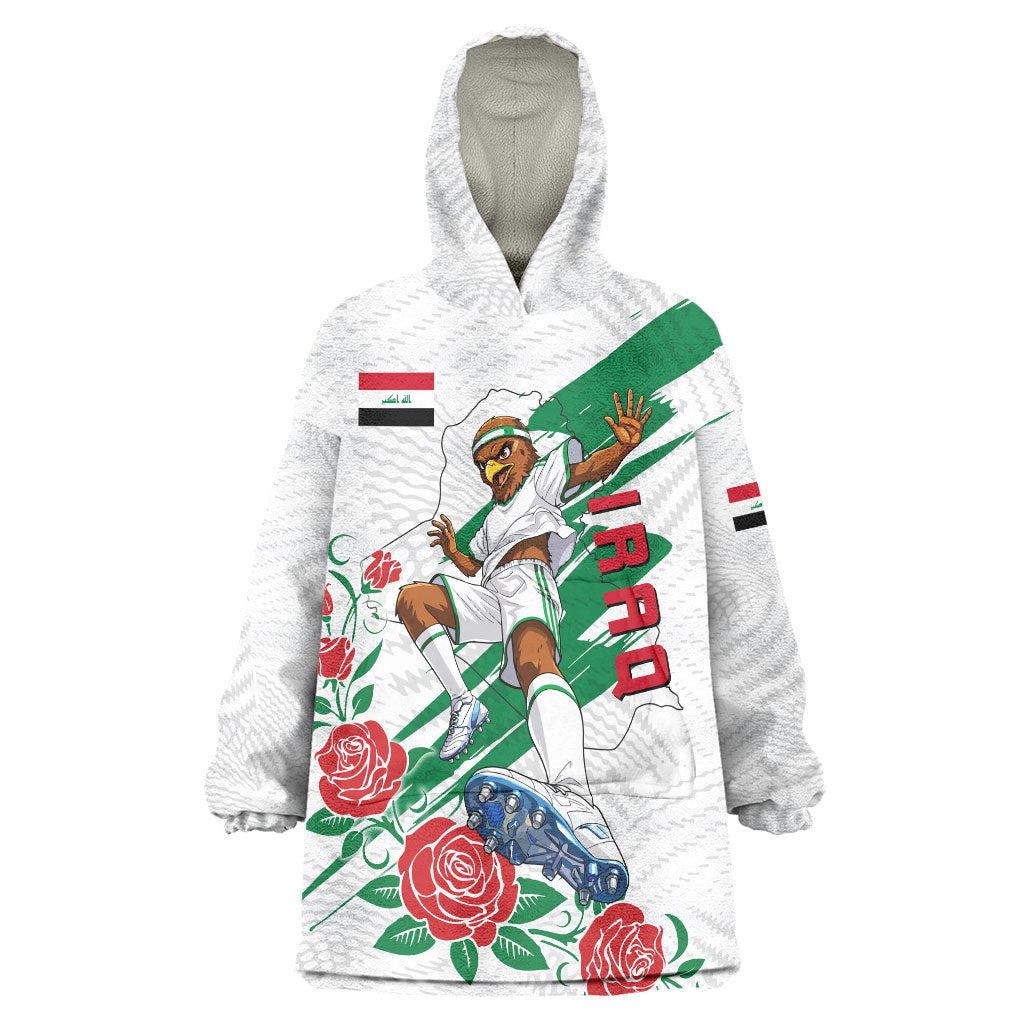 Personalized Iraq Football Wearable Blanket Hoodie Hawk Mascot Soccer - Samarra Tower And Red Roses