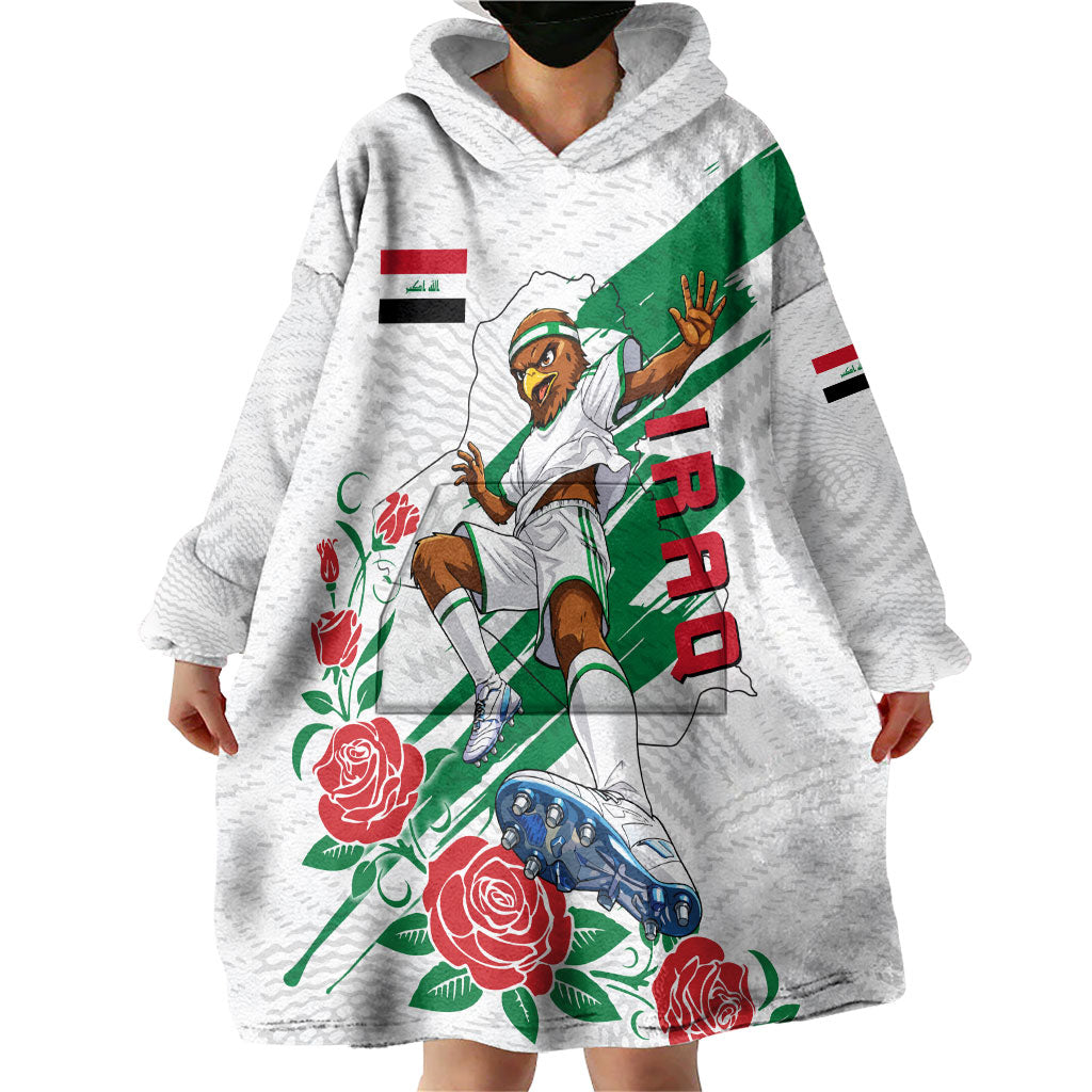 Personalized Iraq Football Wearable Blanket Hoodie Hawk Mascot Soccer - Samarra Tower And Red Roses