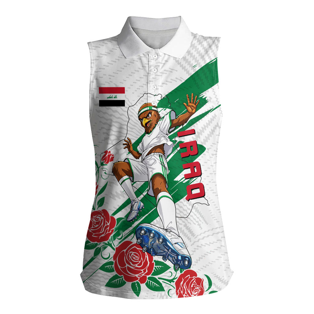 Personalized Iraq Football Women Sleeveless Polo Shirt Hawk Mascot Soccer - Samarra Tower And Red Roses