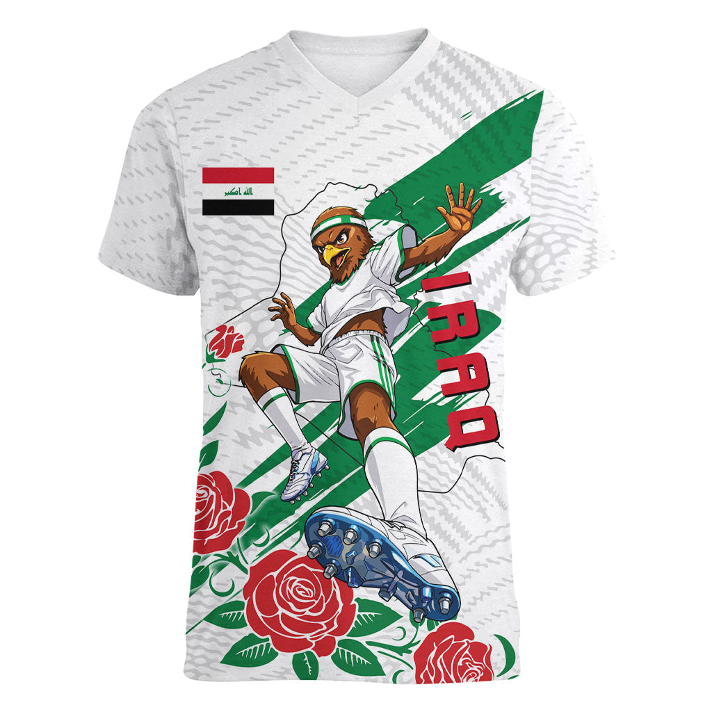 Personalized Iraq Football Women V-Neck T-Shirt Hawk Mascot Soccer - Samarra Tower And Red Roses