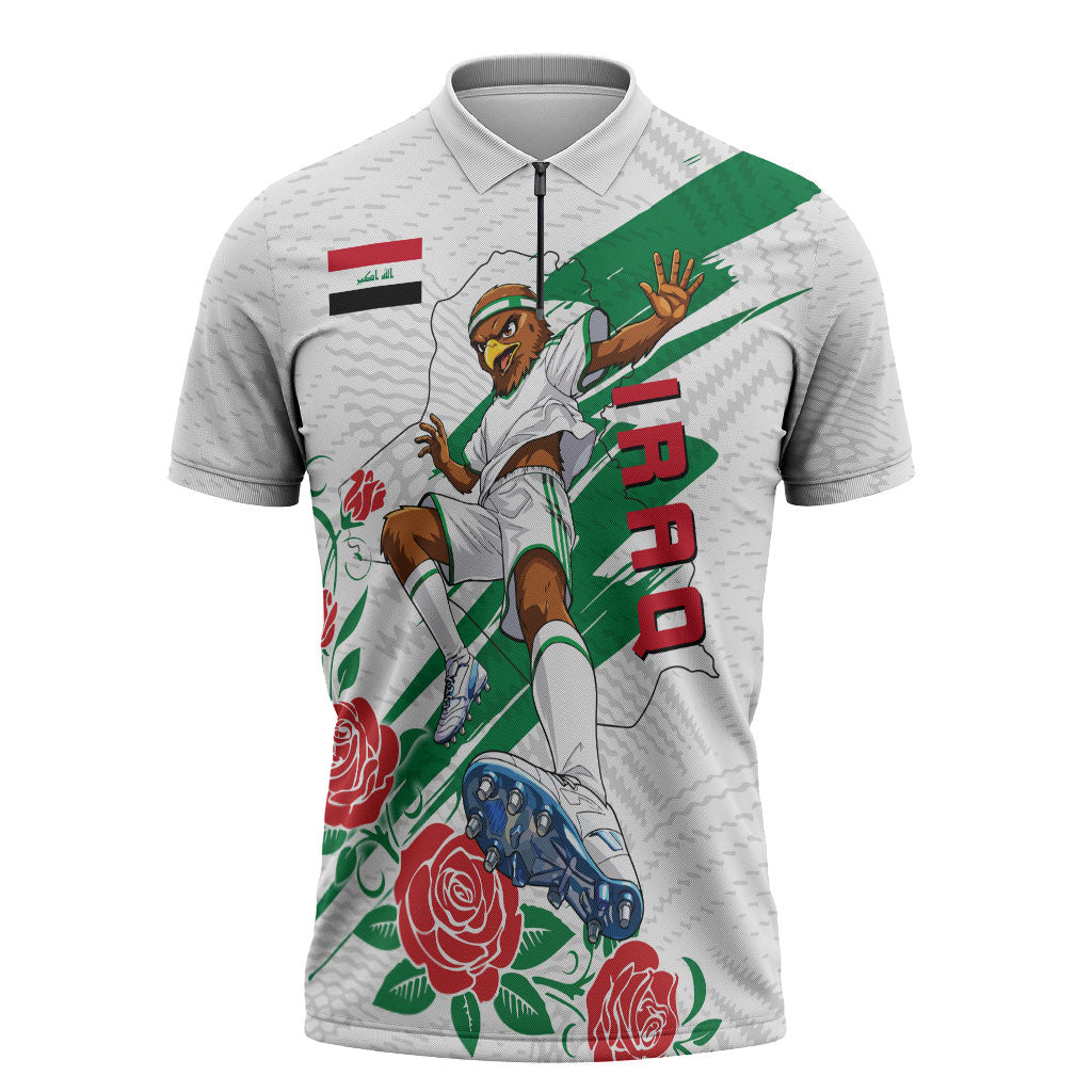 Personalized Iraq Football Zipper Polo Shirt Hawk Mascot Soccer - Samarra Tower And Red Roses