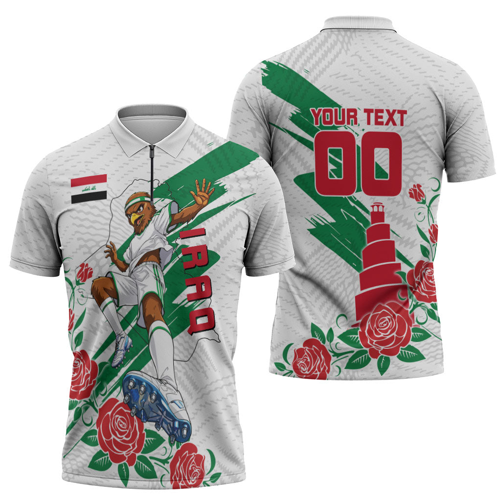 Personalized Iraq Football Zipper Polo Shirt Hawk Mascot Soccer - Samarra Tower And Red Roses