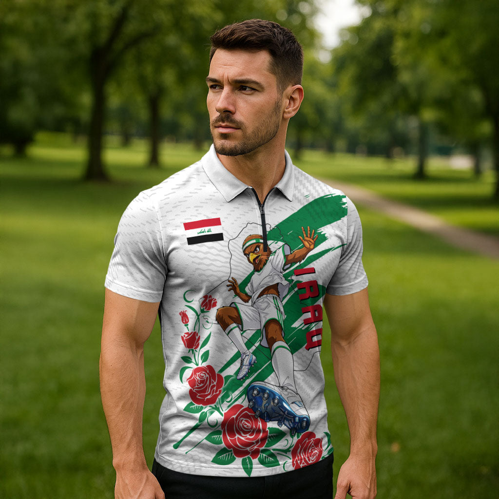 Personalized Iraq Football Zipper Polo Shirt Hawk Mascot Soccer - Samarra Tower And Red Roses