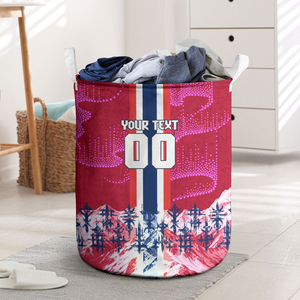 Personalized Norway Football Laundry Basket Viking Lion Soccer Mascot - Nordic Longship And Mountain Landscape