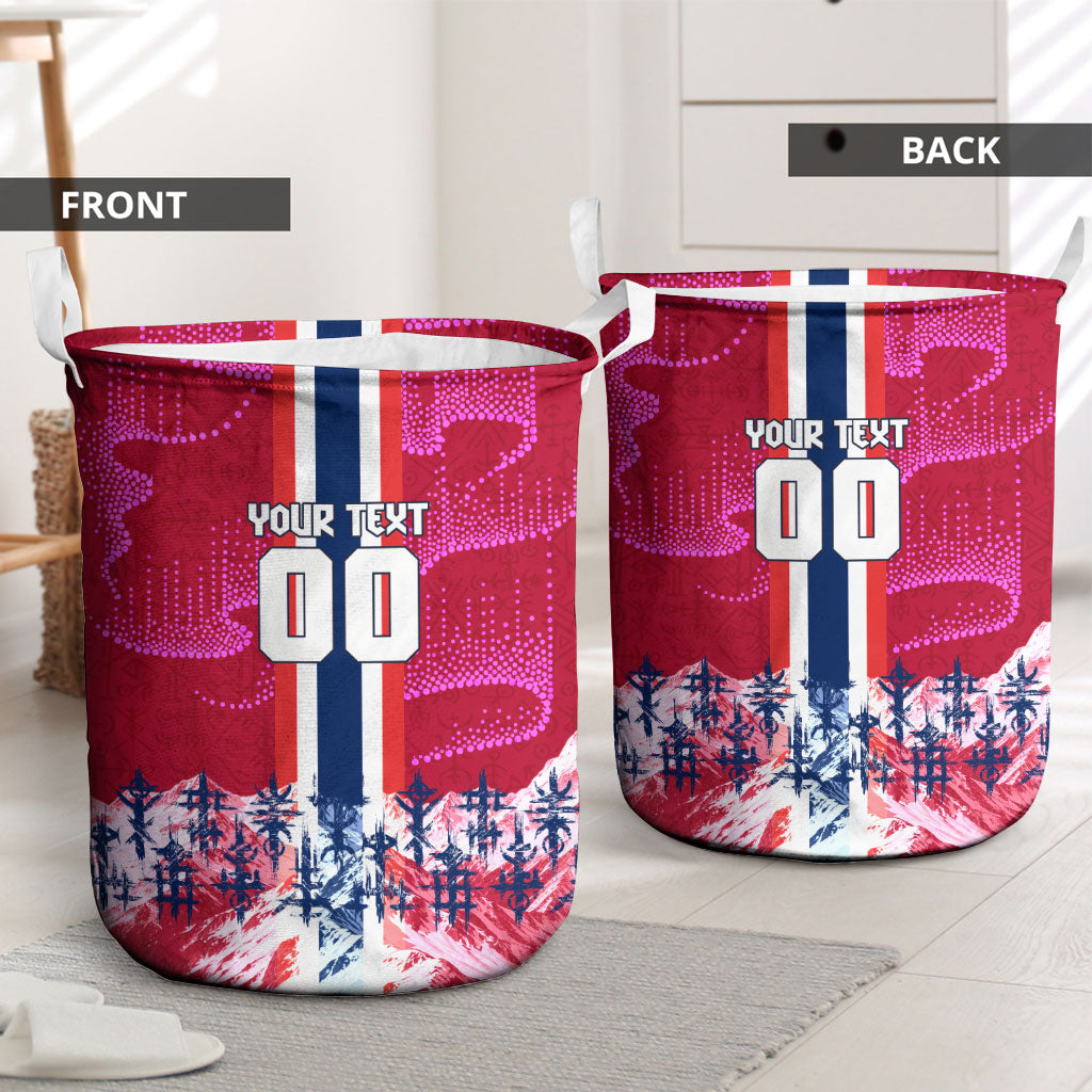 Personalized Norway Football Laundry Basket Viking Lion Soccer Mascot - Nordic Longship And Mountain Landscape