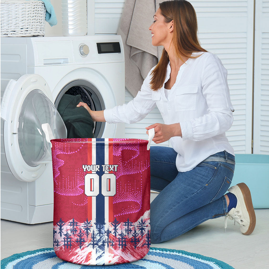 Personalized Norway Football Laundry Basket Viking Lion Soccer Mascot - Nordic Longship And Mountain Landscape