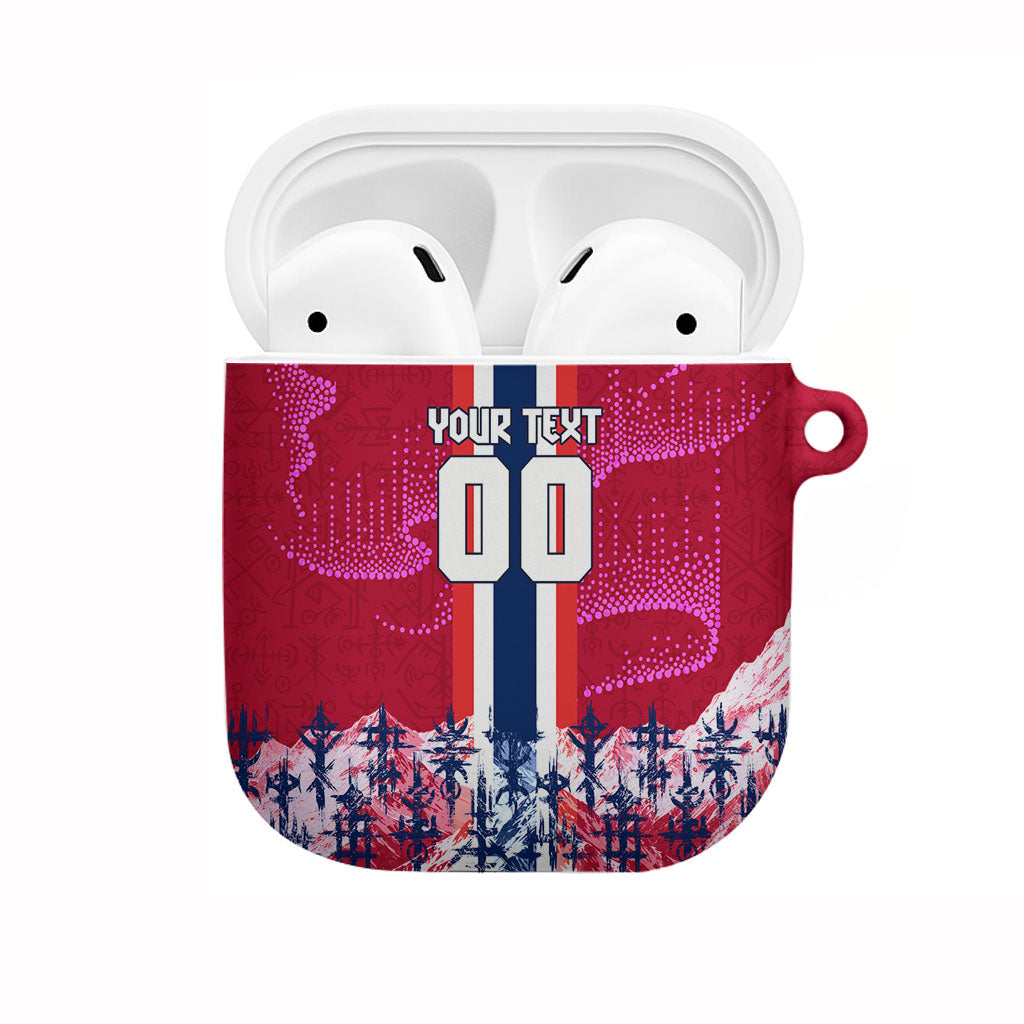 Personalized Norway Football AirPods Case Viking Lion Soccer Mascot - Nordic Longship And Mountain Landscape