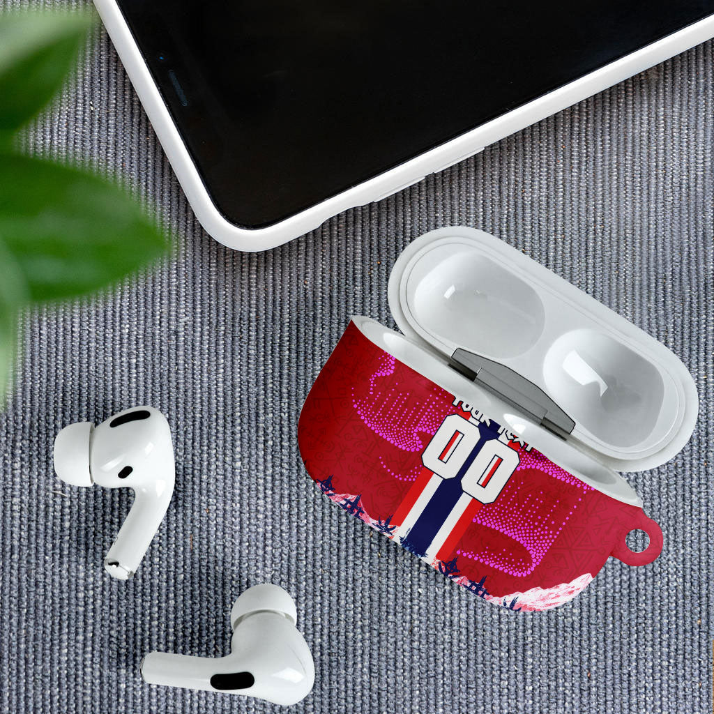 Personalized Norway Football AirPods Case Viking Lion Soccer Mascot - Nordic Longship And Mountain Landscape