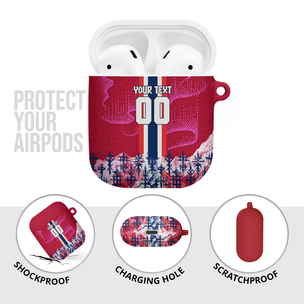 Personalized Norway Football AirPods Case Viking Lion Soccer Mascot - Nordic Longship And Mountain Landscape