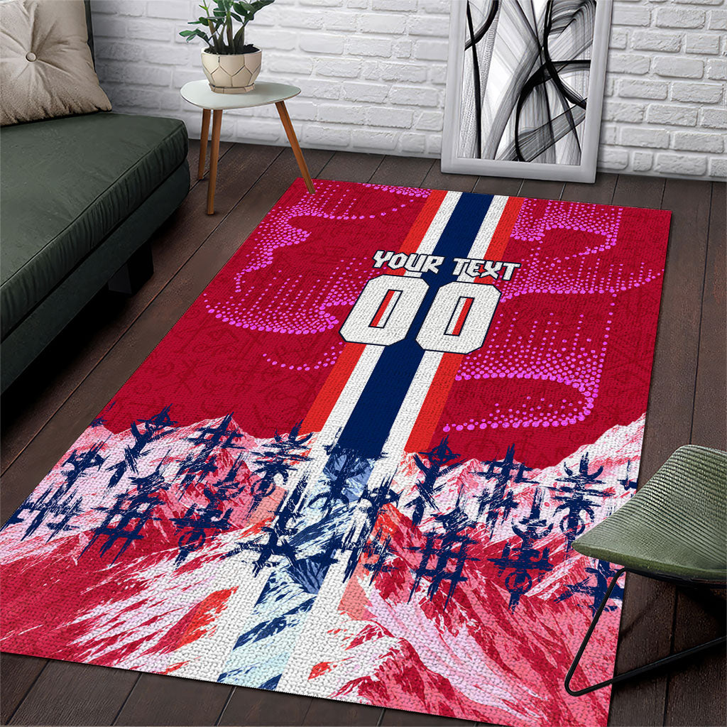 Personalized Norway Football Area Rug Viking Lion Soccer Mascot - Nordic Longship And Mountain Landscape
