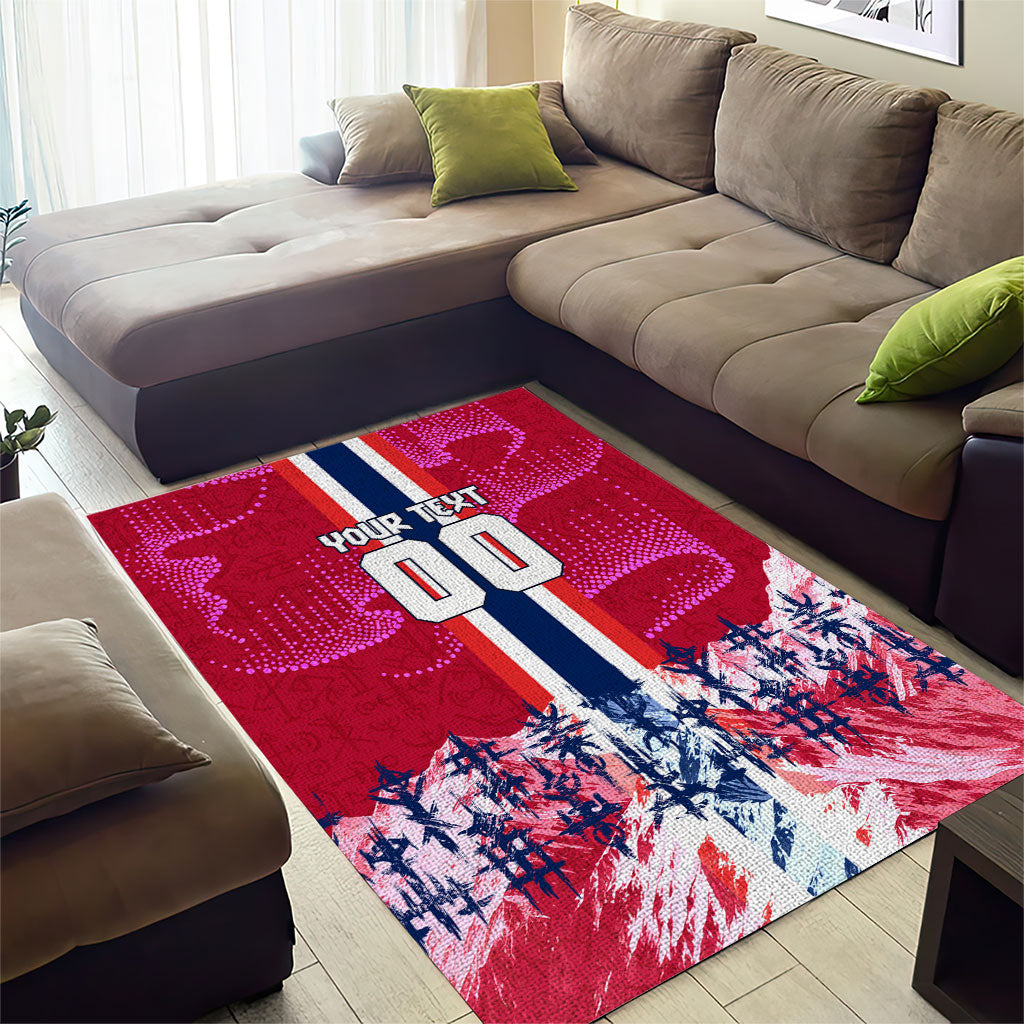 Personalized Norway Football Area Rug Viking Lion Soccer Mascot - Nordic Longship And Mountain Landscape