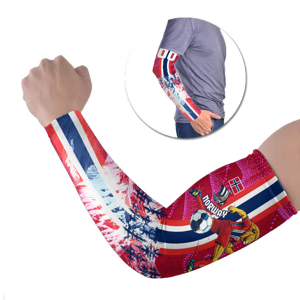 Personalized Norway Football Arm Sleeves Viking Lion Soccer Mascot - Nordic Longship And Mountain Landscape