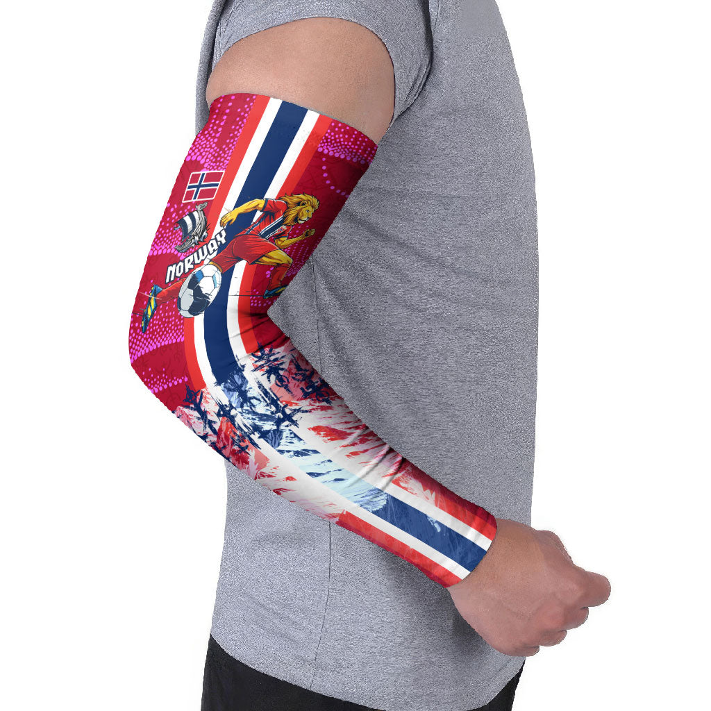Personalized Norway Football Arm Sleeves Viking Lion Soccer Mascot - Nordic Longship And Mountain Landscape