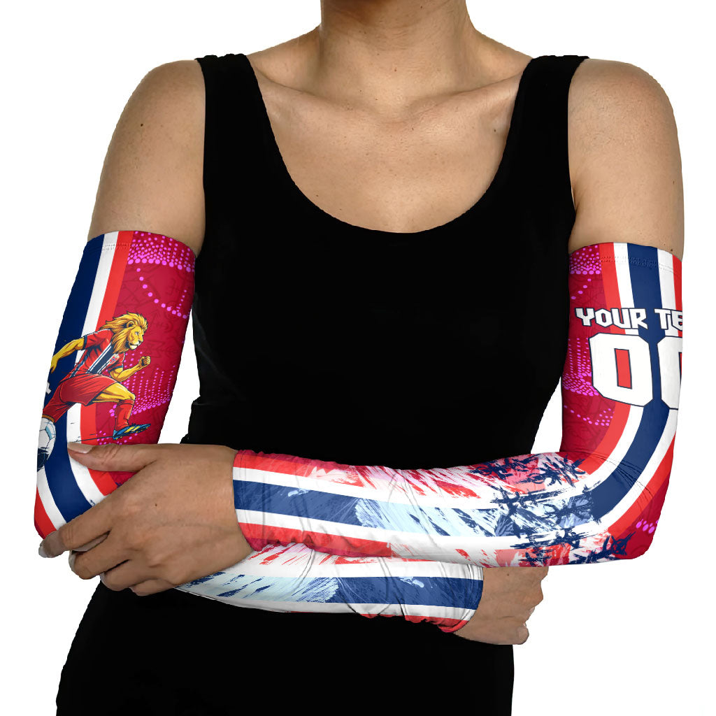 Personalized Norway Football Arm Sleeves Viking Lion Soccer Mascot - Nordic Longship And Mountain Landscape