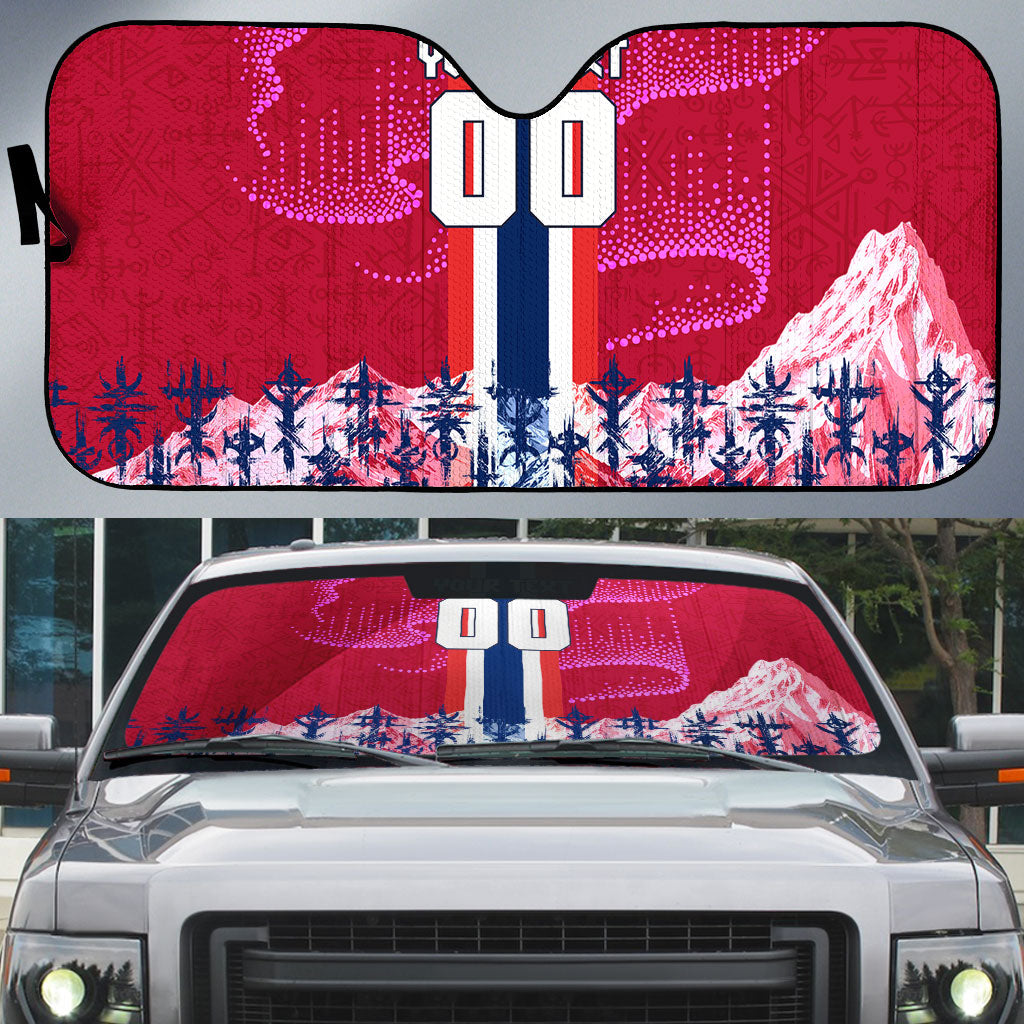 Personalized Norway Football Auto Sun Shade Viking Lion Soccer Mascot - Nordic Longship And Mountain Landscape