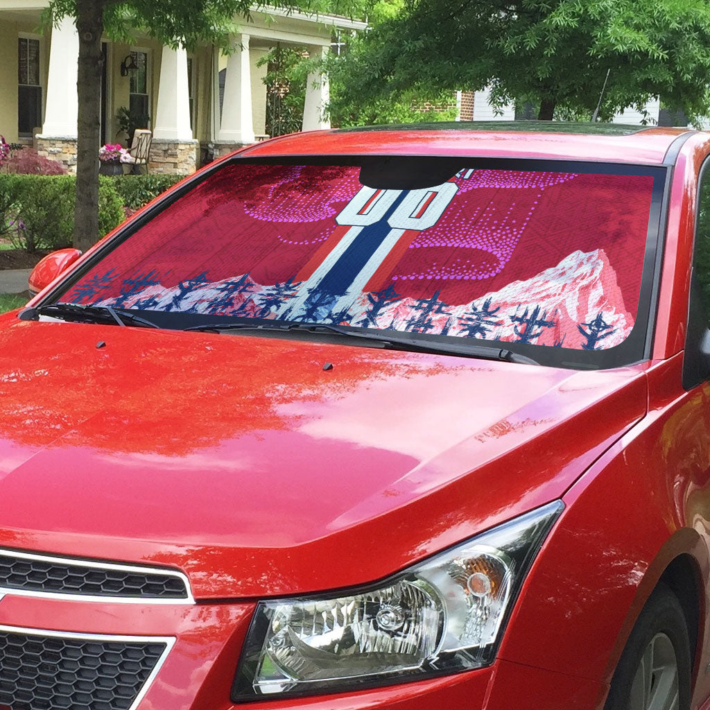 Personalized Norway Football Auto Sun Shade Viking Lion Soccer Mascot - Nordic Longship And Mountain Landscape
