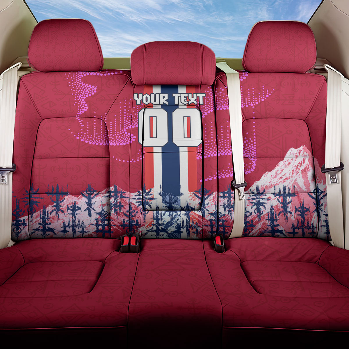 Personalized Norway Football Back Car Seat Cover Viking Lion Soccer Mascot - Nordic Longship And Mountain Landscape
