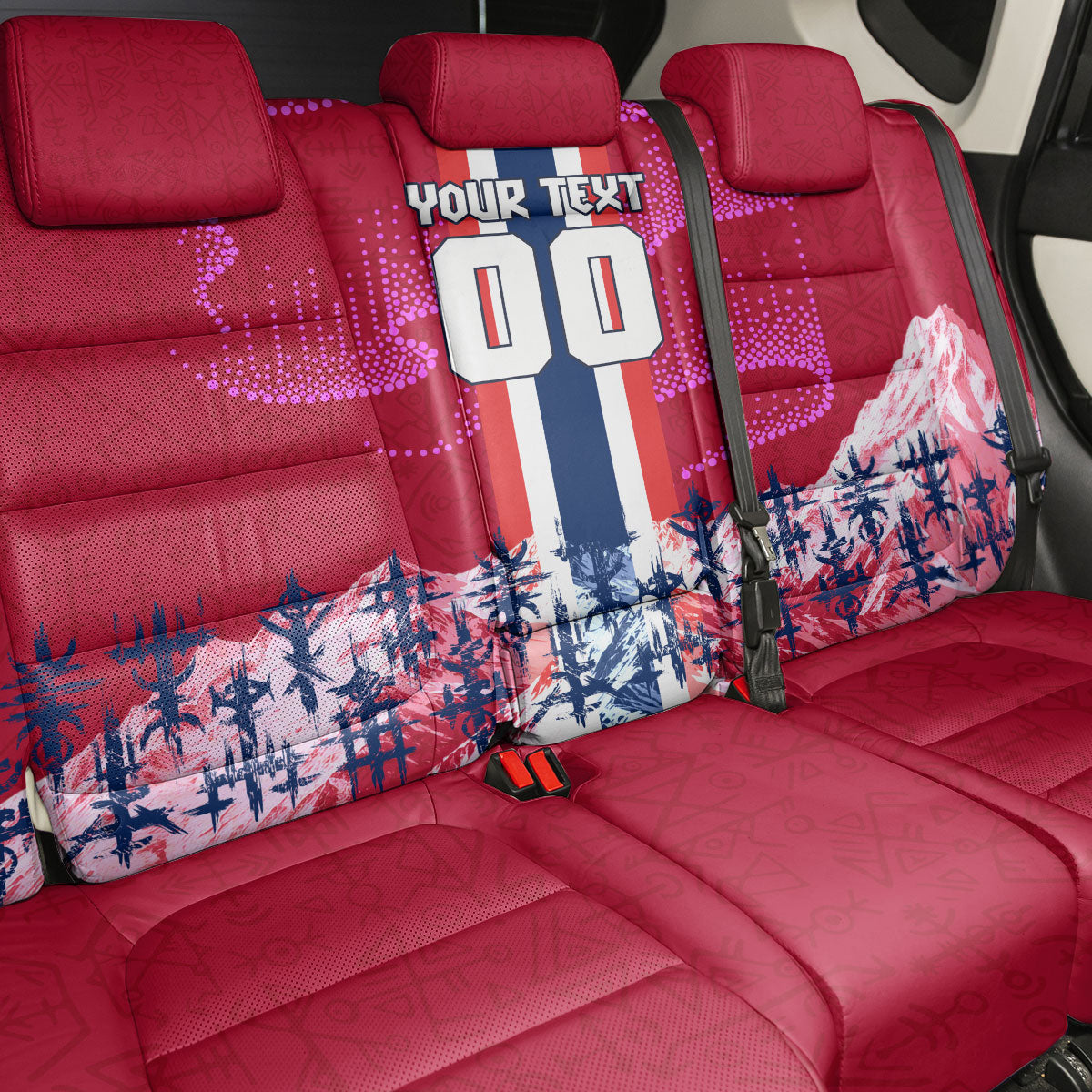 Personalized Norway Football Back Car Seat Cover Viking Lion Soccer Mascot - Nordic Longship And Mountain Landscape
