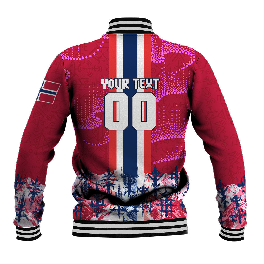 Personalized Norway Football Baseball Jacket Viking Lion Soccer Mascot - Nordic Longship And Mountain Landscape