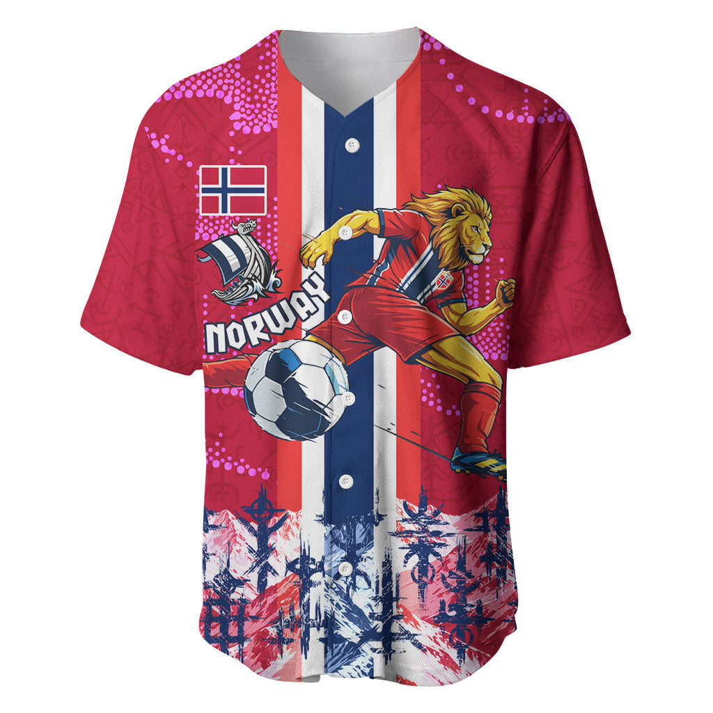 Personalized Norway Football Baseball Jersey Viking Lion Soccer Mascot - Nordic Longship And Mountain Landscape