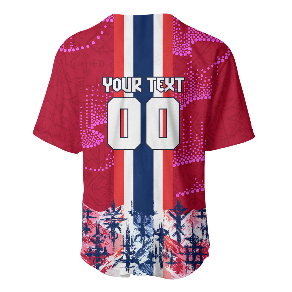 Personalized Norway Football Baseball Jersey Viking Lion Soccer Mascot - Nordic Longship And Mountain Landscape