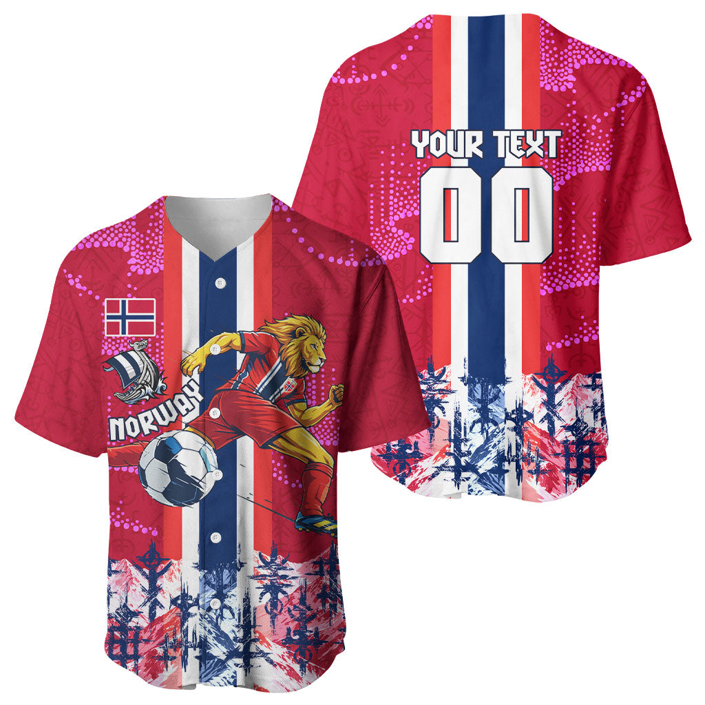 Personalized Norway Football Baseball Jersey Viking Lion Soccer Mascot - Nordic Longship And Mountain Landscape
