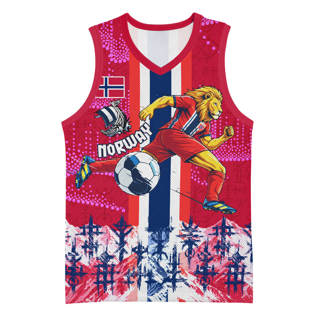 Personalized Norway Football Basketball Jersey Viking Lion Soccer Mascot - Nordic Longship And Mountain Landscape
