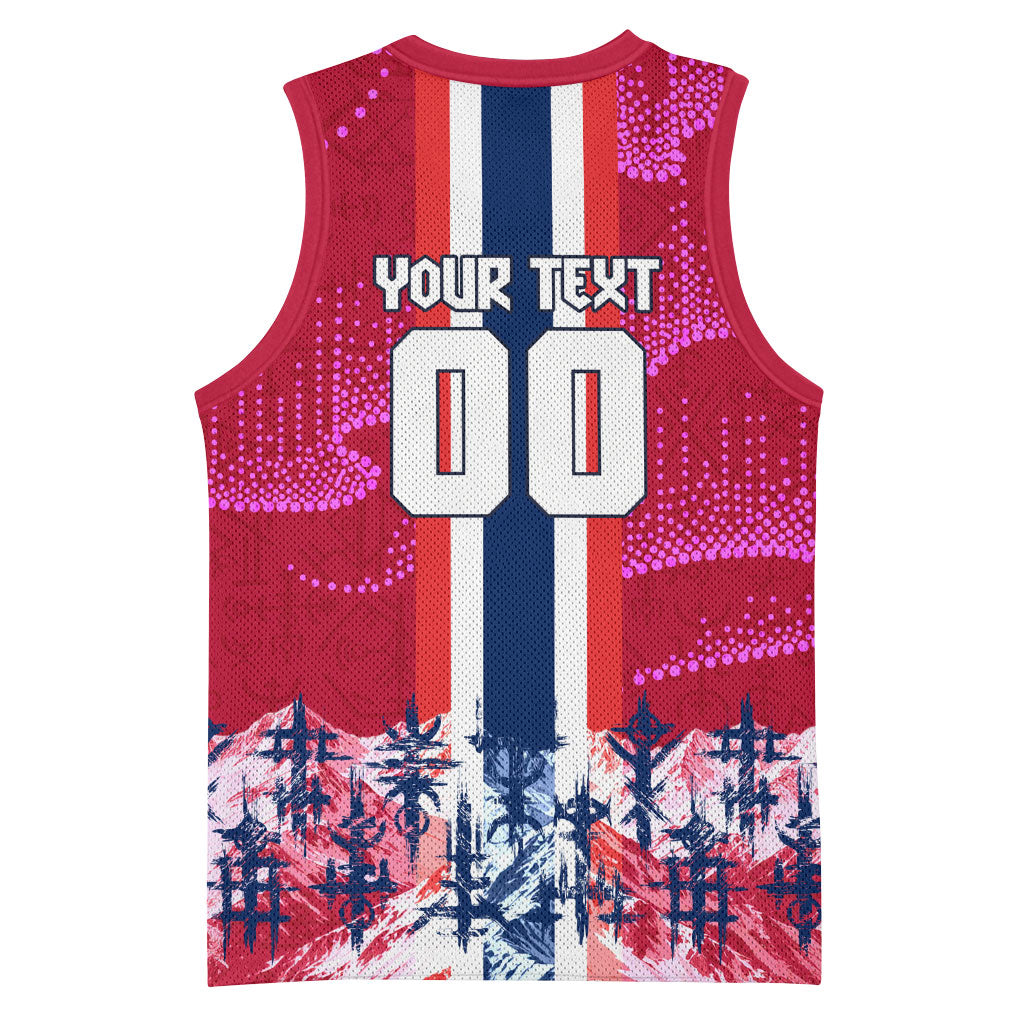 Personalized Norway Football Basketball Jersey Viking Lion Soccer Mascot - Nordic Longship And Mountain Landscape