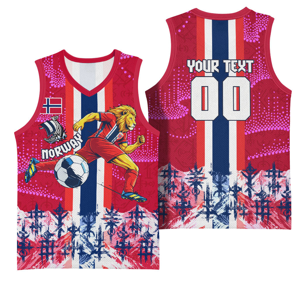 Personalized Norway Football Basketball Jersey Viking Lion Soccer Mascot - Nordic Longship And Mountain Landscape