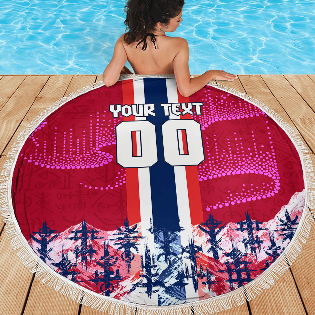 Personalized Norway Football Beach Blanket Viking Lion Soccer Mascot - Nordic Longship And Mountain Landscape