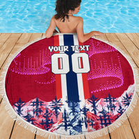 Personalized Norway Football Beach Blanket Viking Lion Soccer Mascot - Nordic Longship And Mountain Landscape