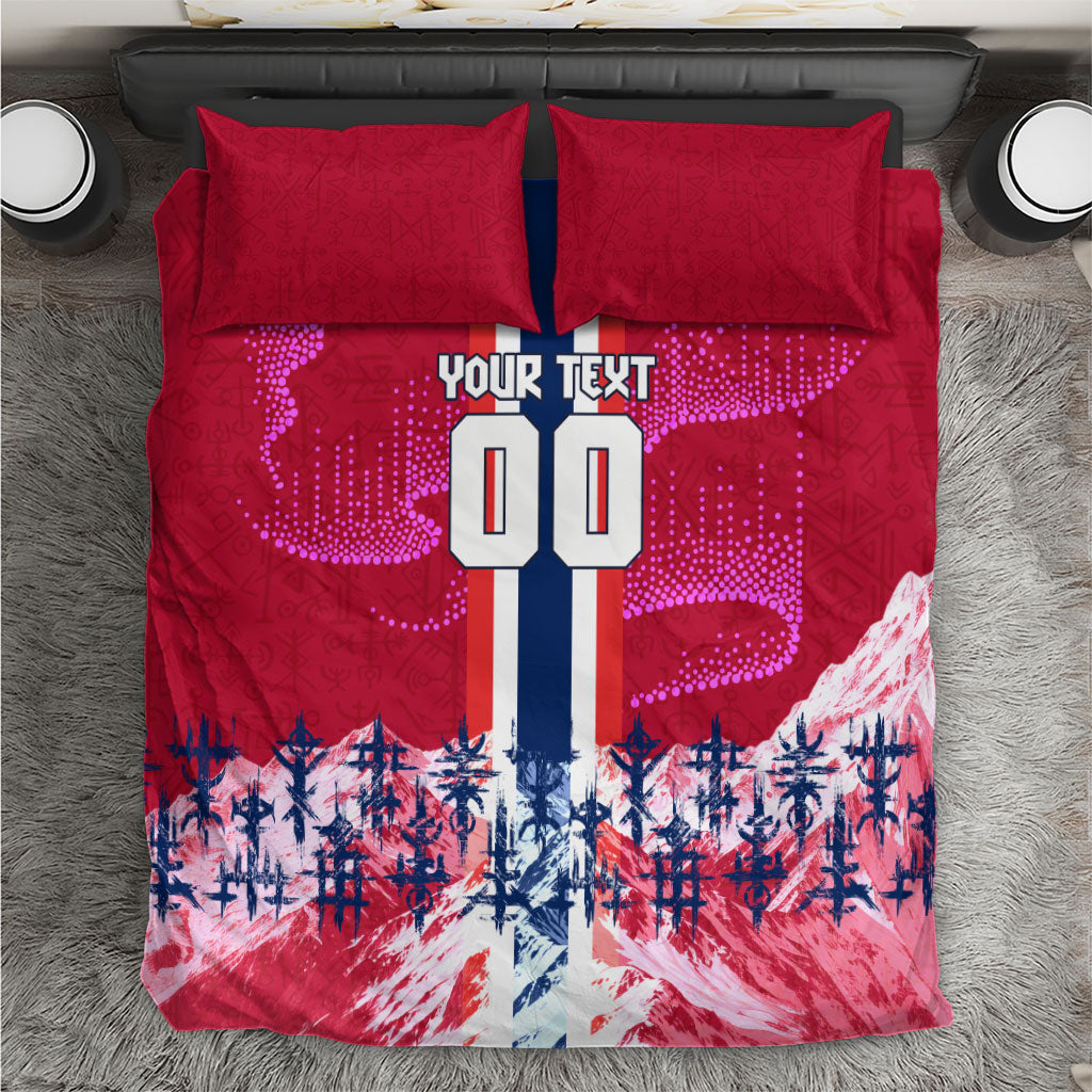 Personalized Norway Football Bedding Set Viking Lion Soccer Mascot - Nordic Longship And Mountain Landscape