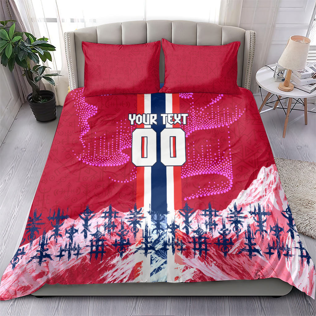 Personalized Norway Football Bedding Set Viking Lion Soccer Mascot - Nordic Longship And Mountain Landscape