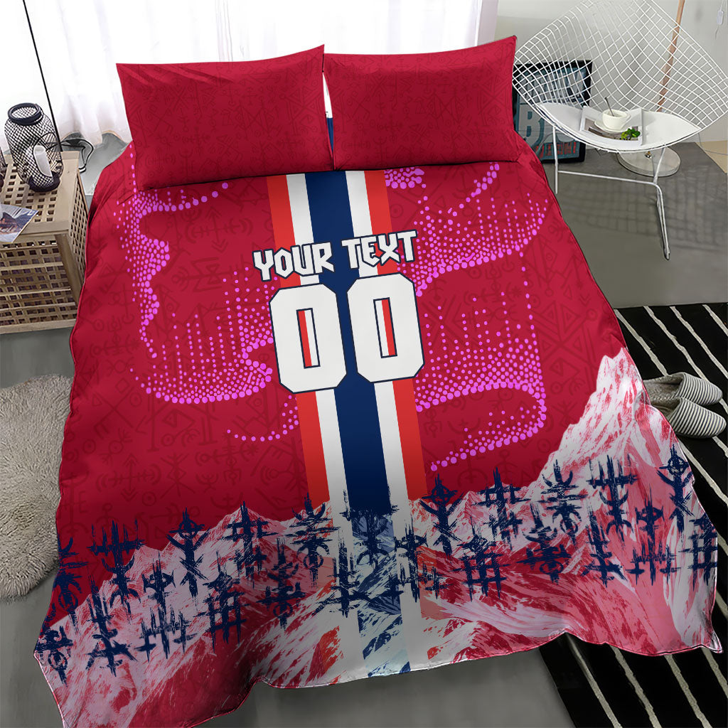 Personalized Norway Football Bedding Set Viking Lion Soccer Mascot - Nordic Longship And Mountain Landscape