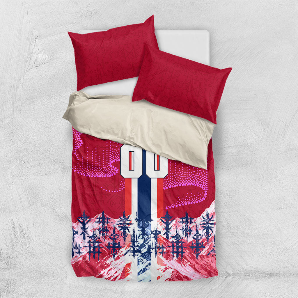 Personalized Norway Football Bedding Set Viking Lion Soccer Mascot - Nordic Longship And Mountain Landscape