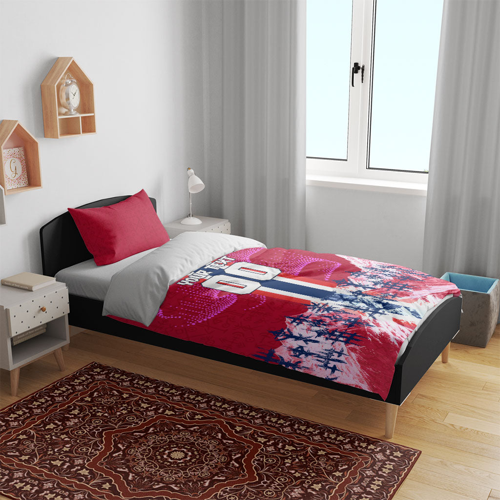 Personalized Norway Football Bedding Set Viking Lion Soccer Mascot - Nordic Longship And Mountain Landscape