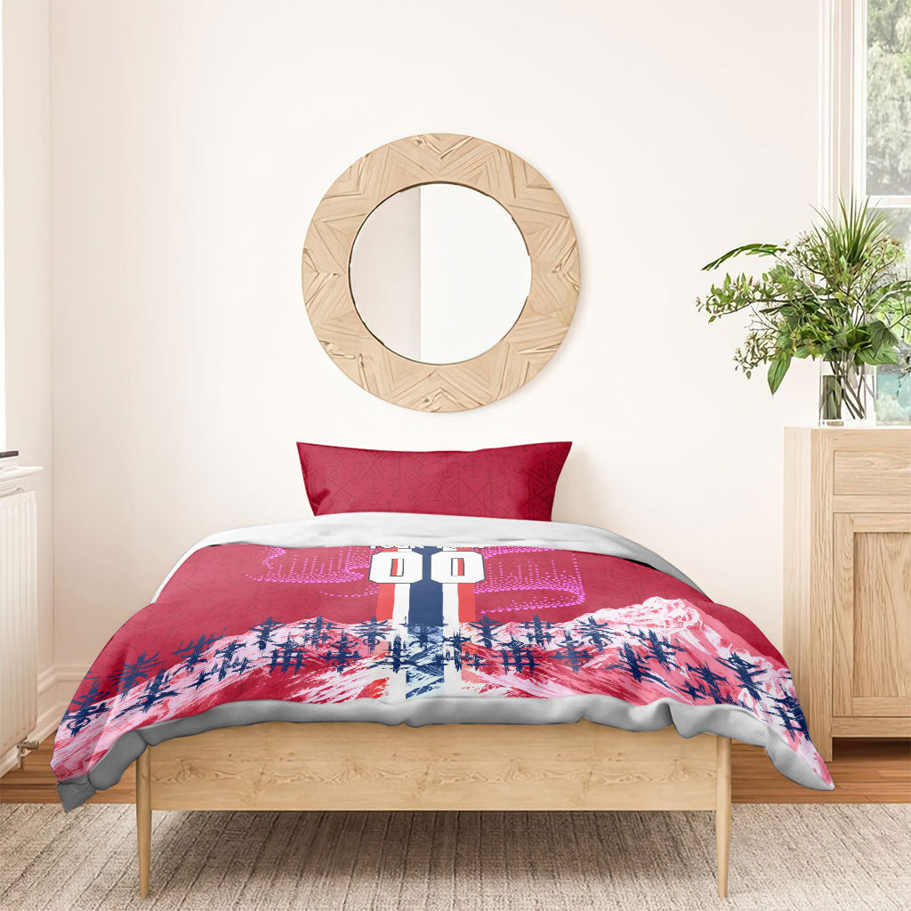 Personalized Norway Football Bedding Set Viking Lion Soccer Mascot - Nordic Longship And Mountain Landscape