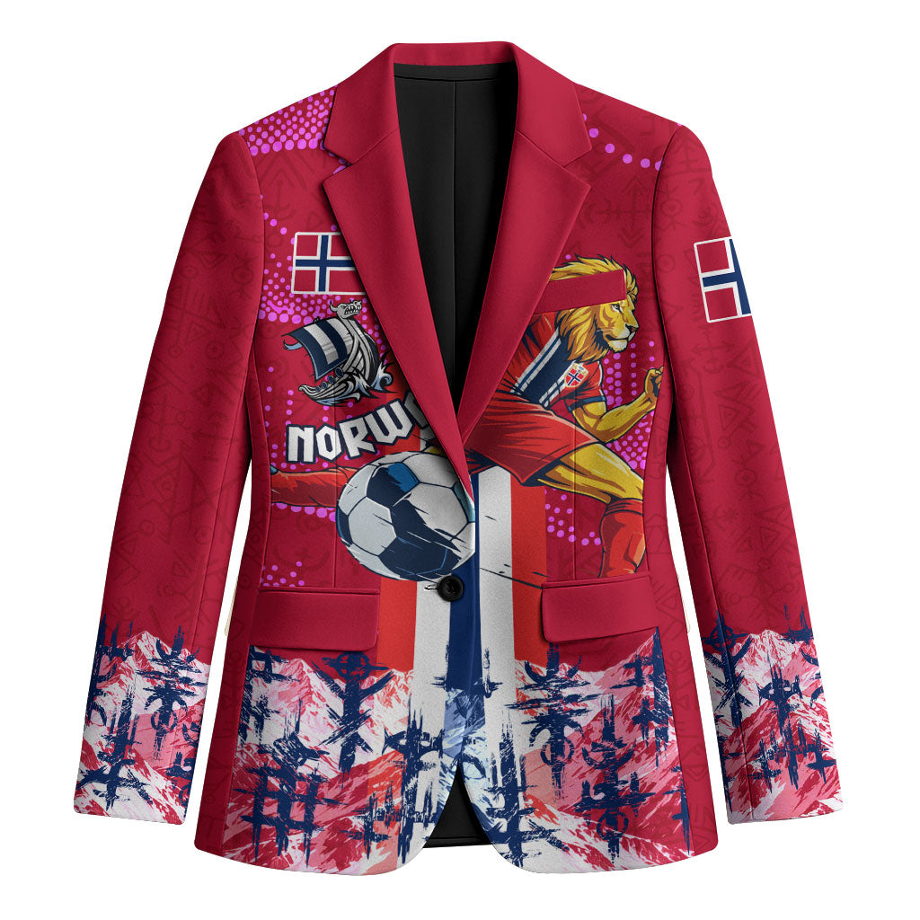 Personalized Norway Football Blazer Viking Lion Soccer Mascot - Nordic Longship And Mountain Landscape