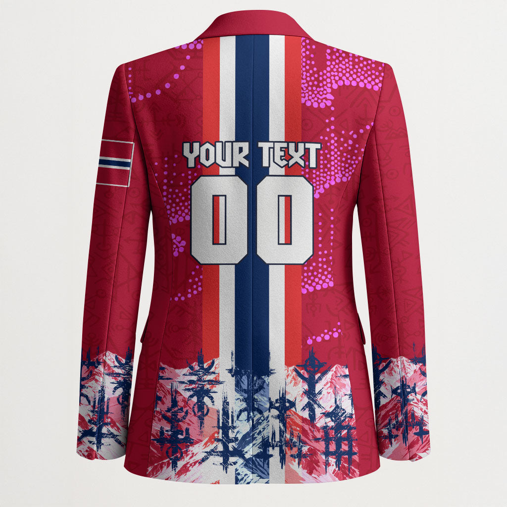 Personalized Norway Football Blazer Viking Lion Soccer Mascot - Nordic Longship And Mountain Landscape