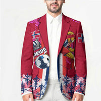 Personalized Norway Football Blazer Viking Lion Soccer Mascot - Nordic Longship And Mountain Landscape
