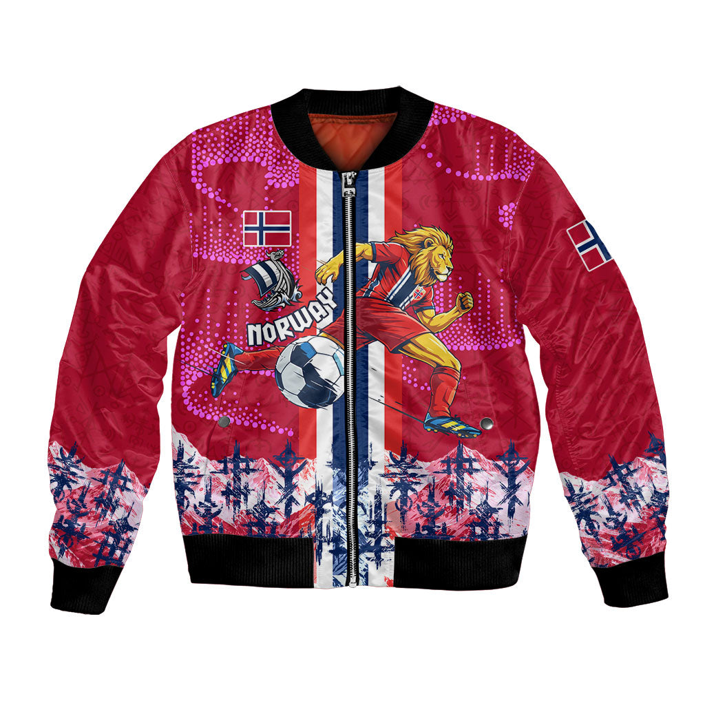 Personalized Norway Football Bomber Jacket Viking Lion Soccer Mascot - Nordic Longship And Mountain Landscape