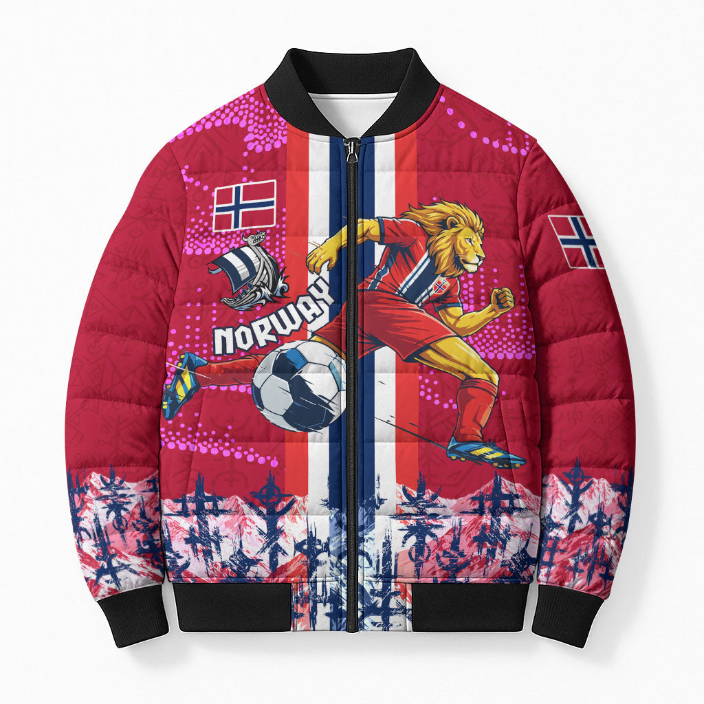 Personalized Norway Football Bomber Puffer Jacket Viking Lion Soccer Mascot - Nordic Longship And Mountain Landscape