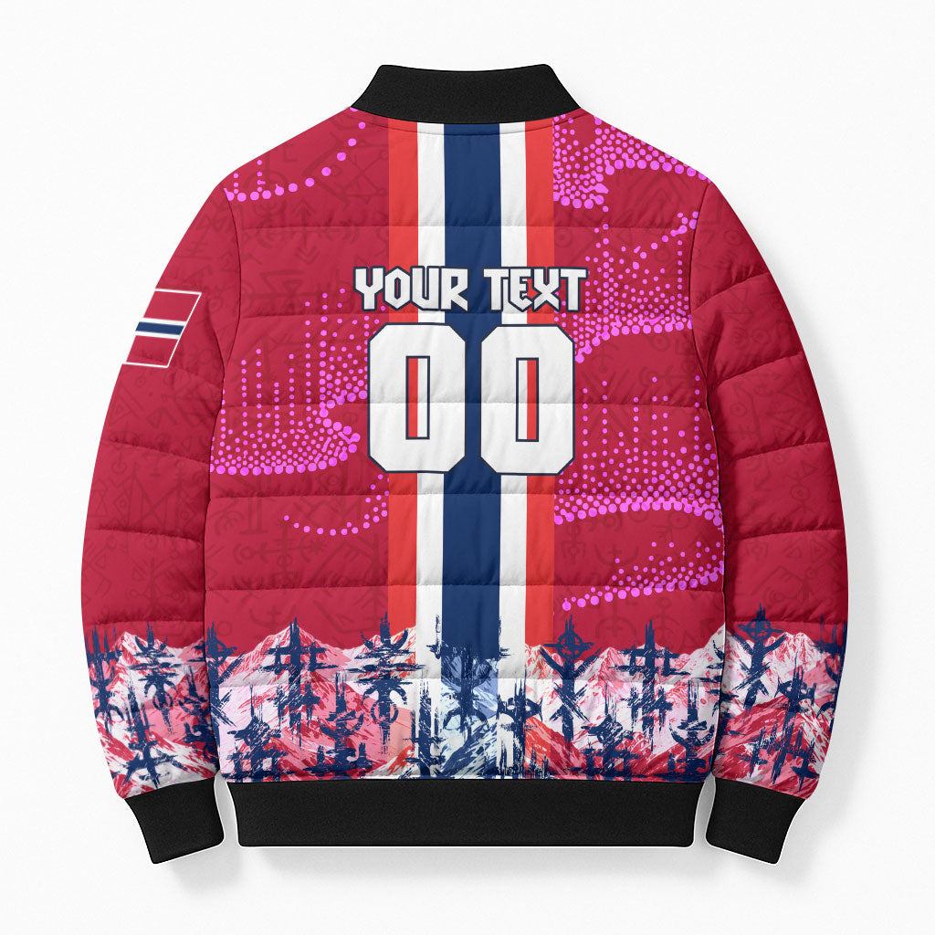 Personalized Norway Football Bomber Puffer Jacket Viking Lion Soccer Mascot - Nordic Longship And Mountain Landscape